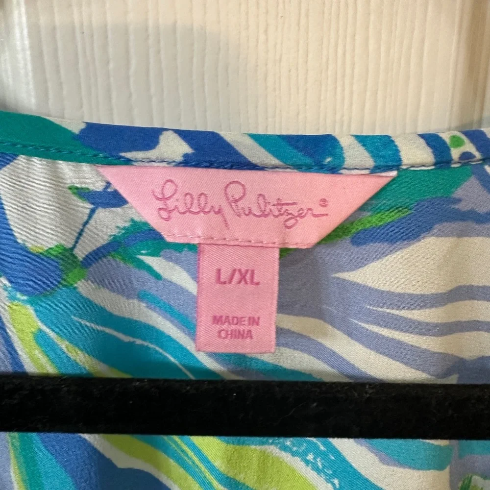Blue Tropical Print Cold-Shoulder V-Neck Dress - Picture 3 of 6